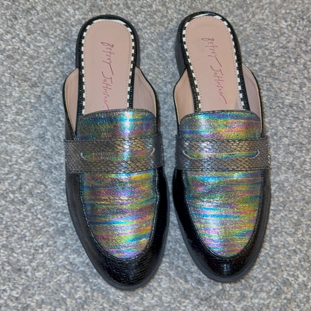 Betsey Johnson Markerr Penny Loafer Mule in a black multi/rainbow metallic - Picture 3 of 7